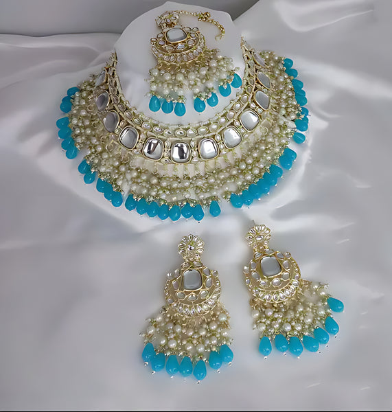 Luxurious Kundan Choker Set, Pearl and Turquoise Bead Accents - Traditional Indian Bridal Jewelry, Traditional Indian Wedding Jewelry (Set of 2)