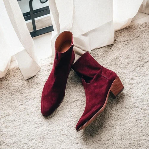 Burgundy Suede Leather Fiorina Slip on Boots, Comfortable Fit, Hand-Finished Burnish, Shock-Absorbing Insoles, Brogue Pattern, Vintage Aesthetic