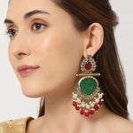 Elegant Kundan-Inspired Chandelier Earrings, Red and Green Gemstones, Traditional Indian Wedding Jewelry (Set of 1)