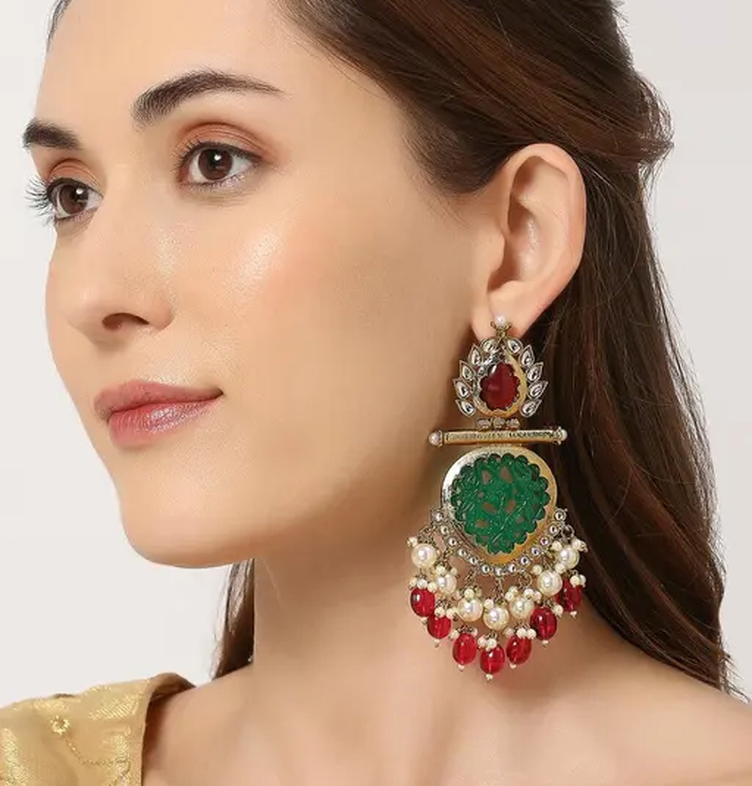 Elegant Kundan-Inspired Chandelier Earrings, Red and Green Gemstones, Traditional Indian Wedding Jewelry (Set of 1)