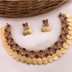 Gold-Tone Coin Necklace Set, Emerald and Ruby Gemstones, Traditional Indian Wedding Jewelry, Bridesmade Look (Set of 2)