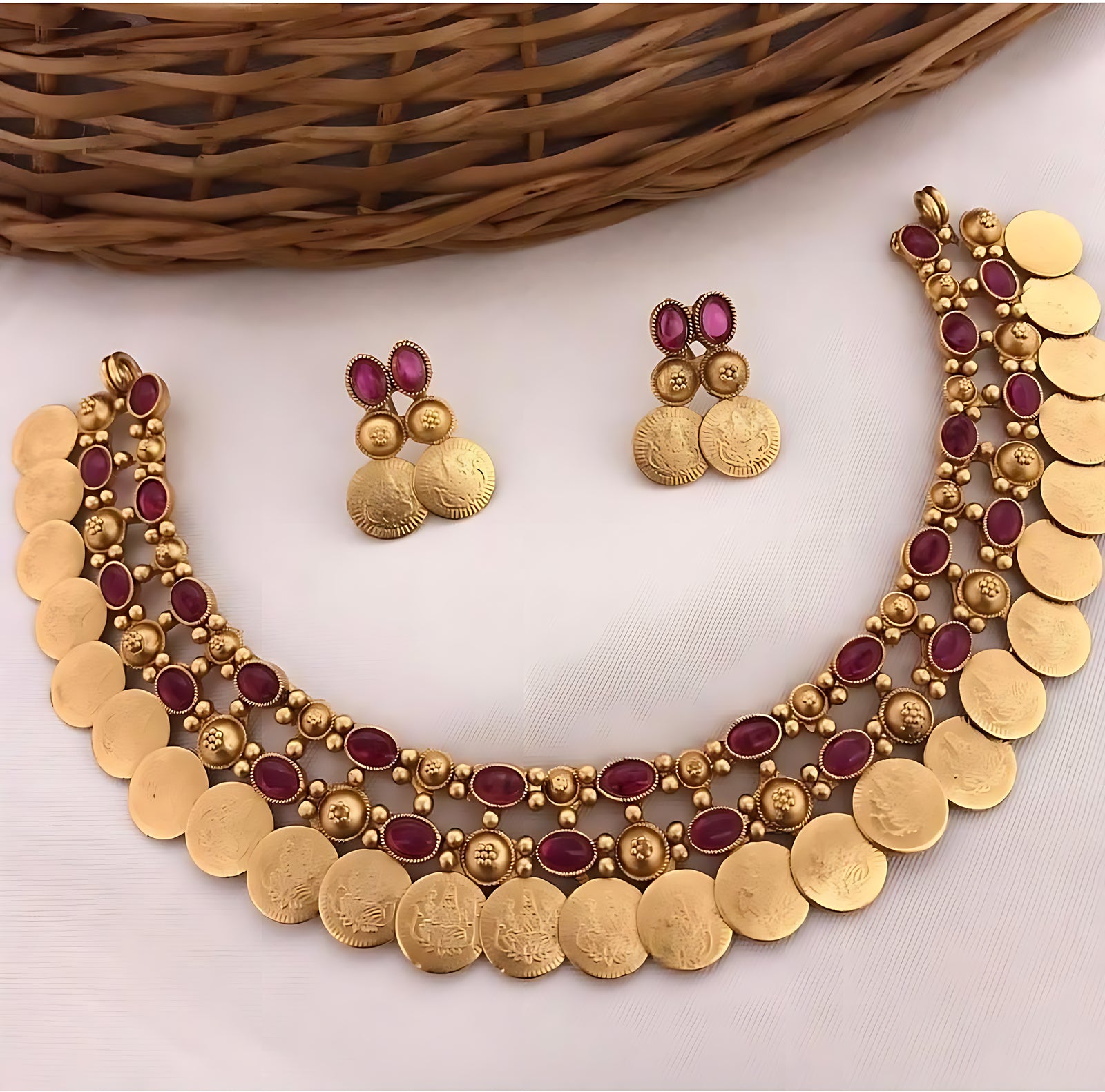 Gold-Tone Coin Necklace Set, Emerald and Ruby Gemstones, Traditional Indian Wedding Jewelry, Bridesmade Look (Set of 2)