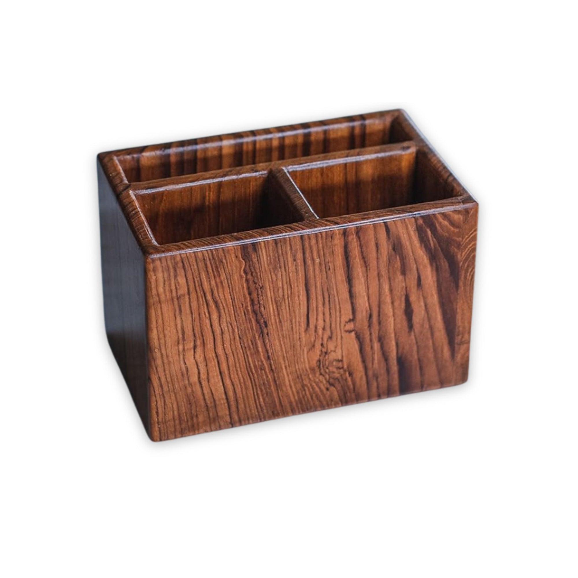 old trunk | Handcrafted Teak Wood Spoon Stand (2+1 Compartment) | Multi-Purpose Organiser | Cutlery Holder For Kitchen and Dining Table