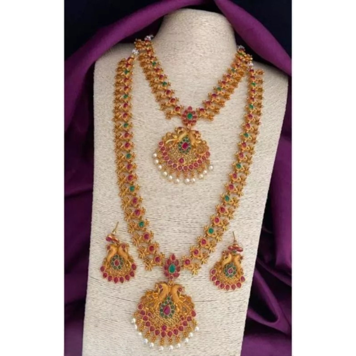 Traditional Temple Lakshmi Necklace Set, Ruby and Emerald Stones – Antique Gold Plated Indian Bridal Jewelry, Traditional Indian Wedding Jewelry (Set of 2)