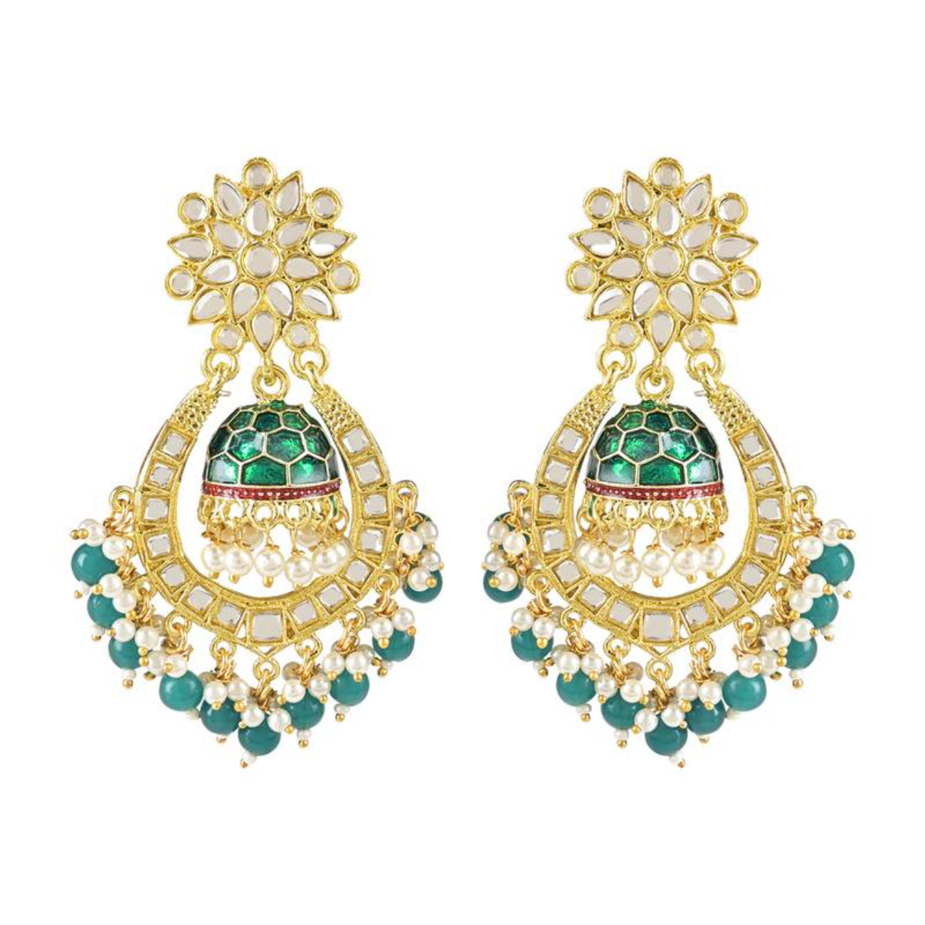 Green and Gold-Plated Kundan Chandbali Earrings – Traditional Indian Jhumka Earrings, Pearls, Traditional Indian Wedding Jewelry (Set of 1)