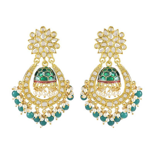 Green and Gold-Plated Kundan Chandbali Earrings â€“ Traditional Indian Jhumka Earrings, Pearls, Traditional Indian Wedding Jewelry (Set of 1)