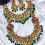 Indian Traditional Lakshmi Temple Antique Gold Necklace Set, Emerald Green Beads and Ruby Work, Traditional Indian Wedding Jewelry (Set of 2)