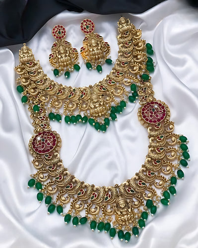 Indian Traditional Lakshmi Temple Antique Gold Necklace Set, Emerald Green Beads and Ruby Work, Traditional Indian Wedding Jewelry (Set of 2)