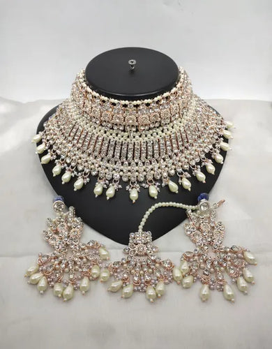 Exquisite Crystal and Pearl Bridal Choker Set, Matching Earrings and Tikka, Traditional Indian Wedding Jewelry (Set of 2)