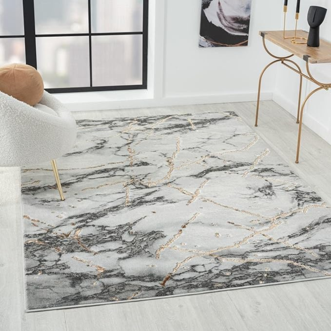 bellolin Washable Area Rug | Non-Slip Carpet for Living Room, Foldable Floor Cover, Indoor Floor Rug, Machine Washable Rug for Bedroom & Office - Marble Ivory