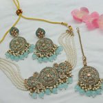 Kundan Meena Pearl Jewelry Set, Necklace, Earrings, and Maang Tikka, Traditional Indian Wedding Jewelry (Set of 2)