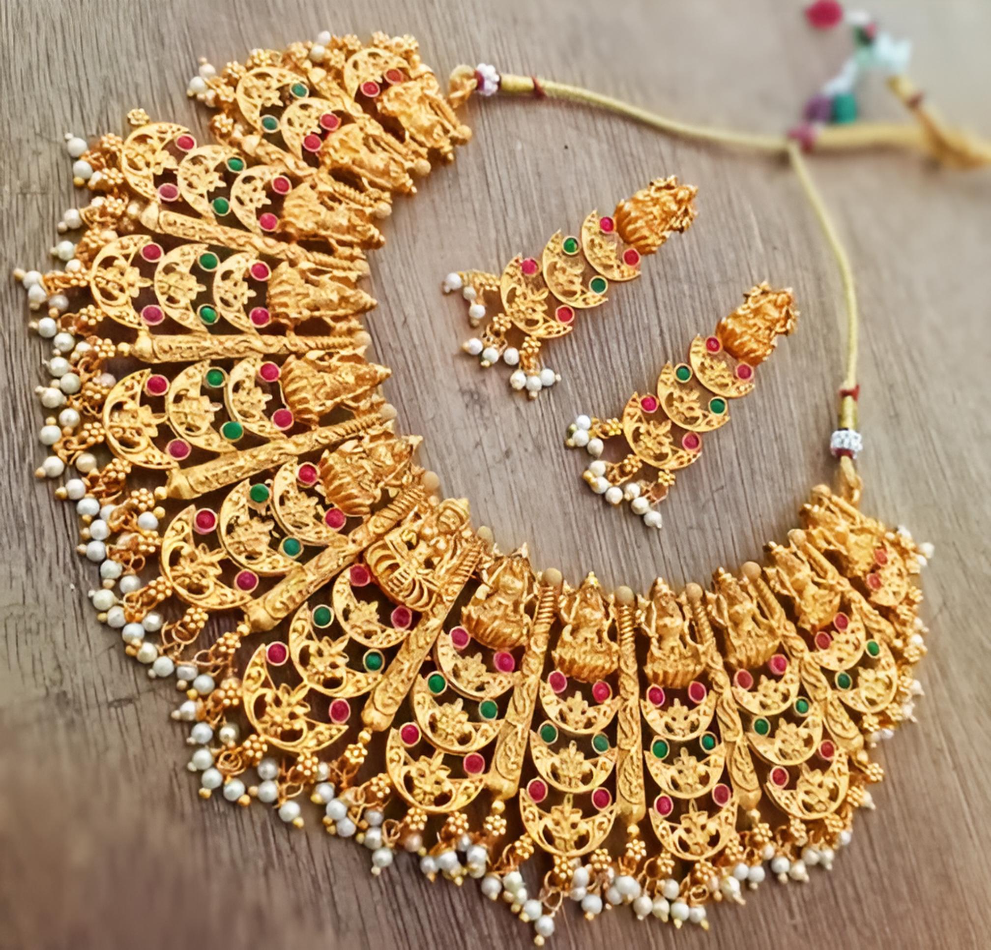 Traditional Indian Bridal Jewelry Set - Ornate Chandelier Necklace, Traditional Indian Wedding Jewelry (Set of 2)