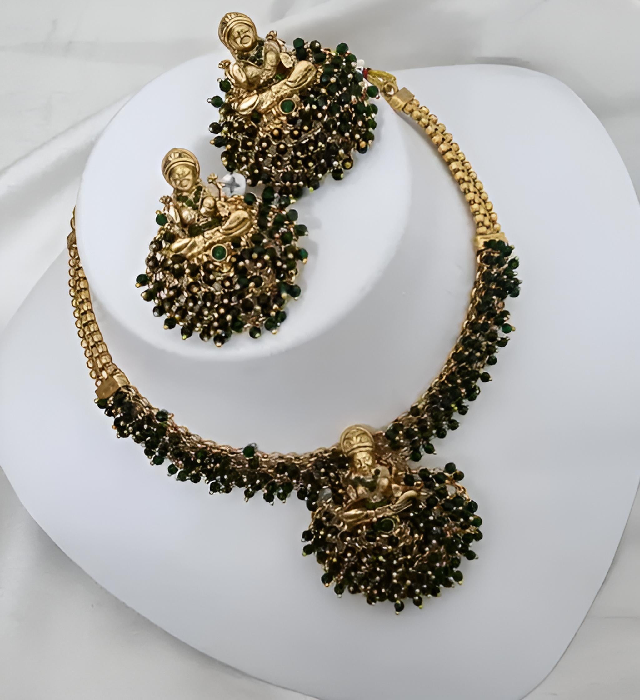 Traditional Gold-Plated Lakshmi Necklace Set, Green Beads and Matching Earrings, Traditional Indian Wedding Jewelry (Set of 2)