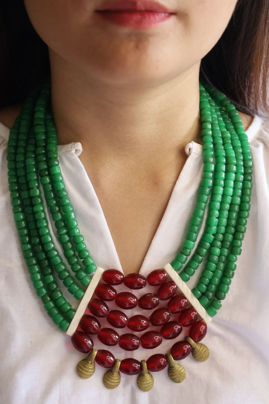 Green and Mehroon Multi-Layer Tribal Necklace, Ethnic Nagaland Beadwork with Metal Trinkets, Handmade Tribal Jewelry, Traditional Necklace from the Himalayas