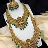 Premium Gold Plated Double Layer Lakshmi Temple Necklace Set, Emerald Green Beads, Traditional Wedding Jewelry, Traditional Indian Wedding Jewelry (Set of 2)