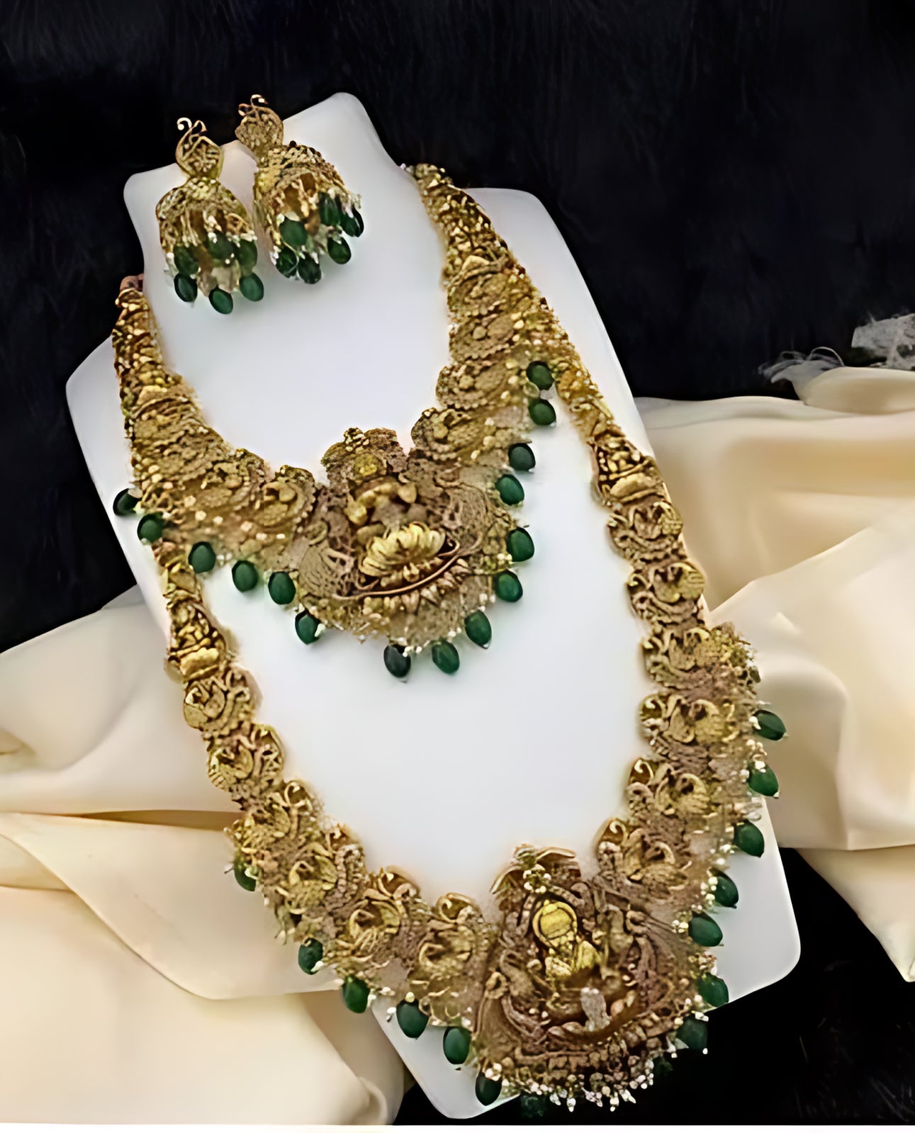 Premium Gold Plated Double Layer Lakshmi Temple Necklace Set, Emerald Green Beads, Traditional Wedding Jewelry, Traditional Indian Wedding Jewelry (Set of 2)