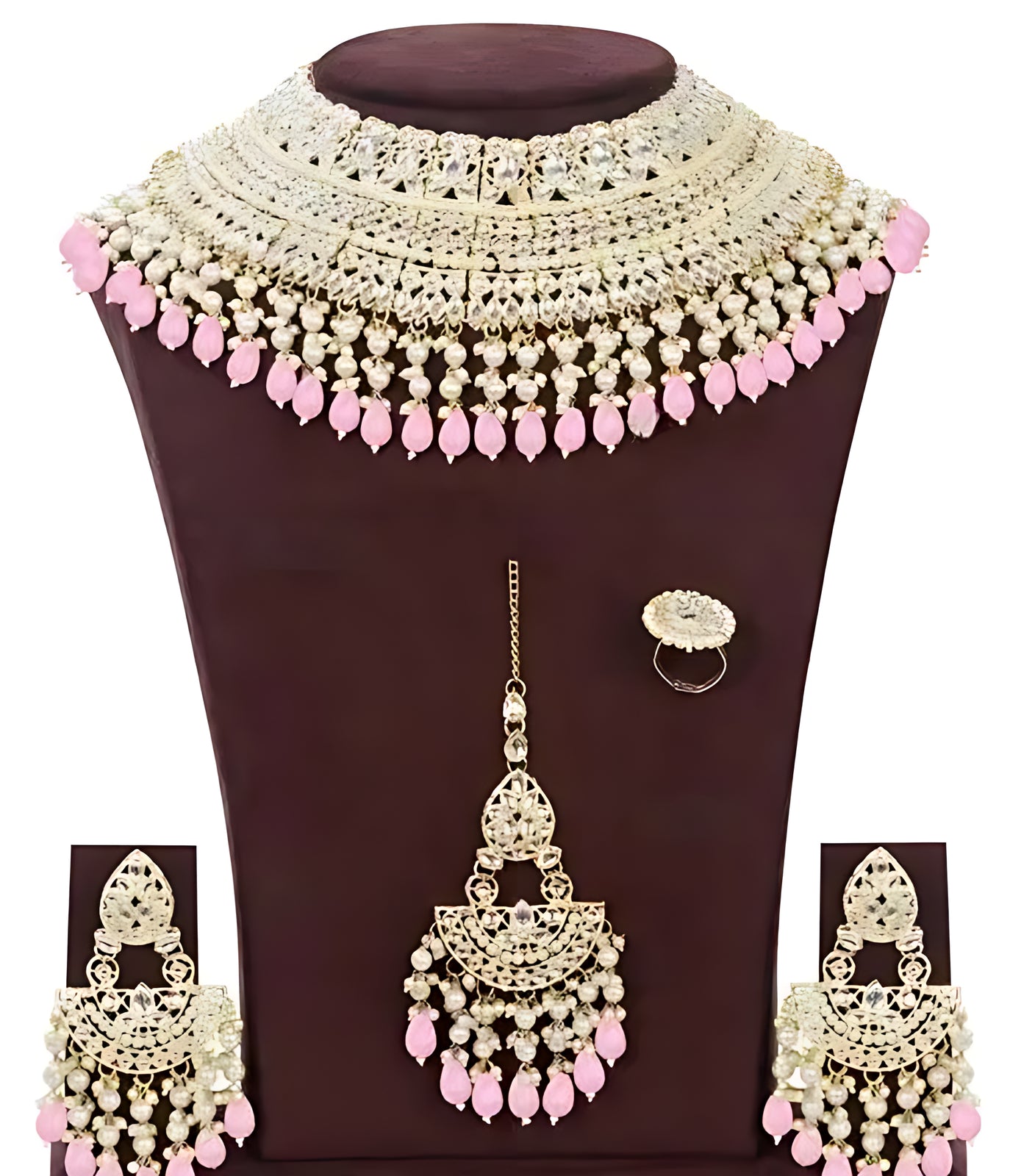 Opulent Bridal Kundan Choker Set, Pink Beads and Matching Earrings & Maang Tikka, Traditional Indian Wedding Jewelry, Festival Look (Set of 2)