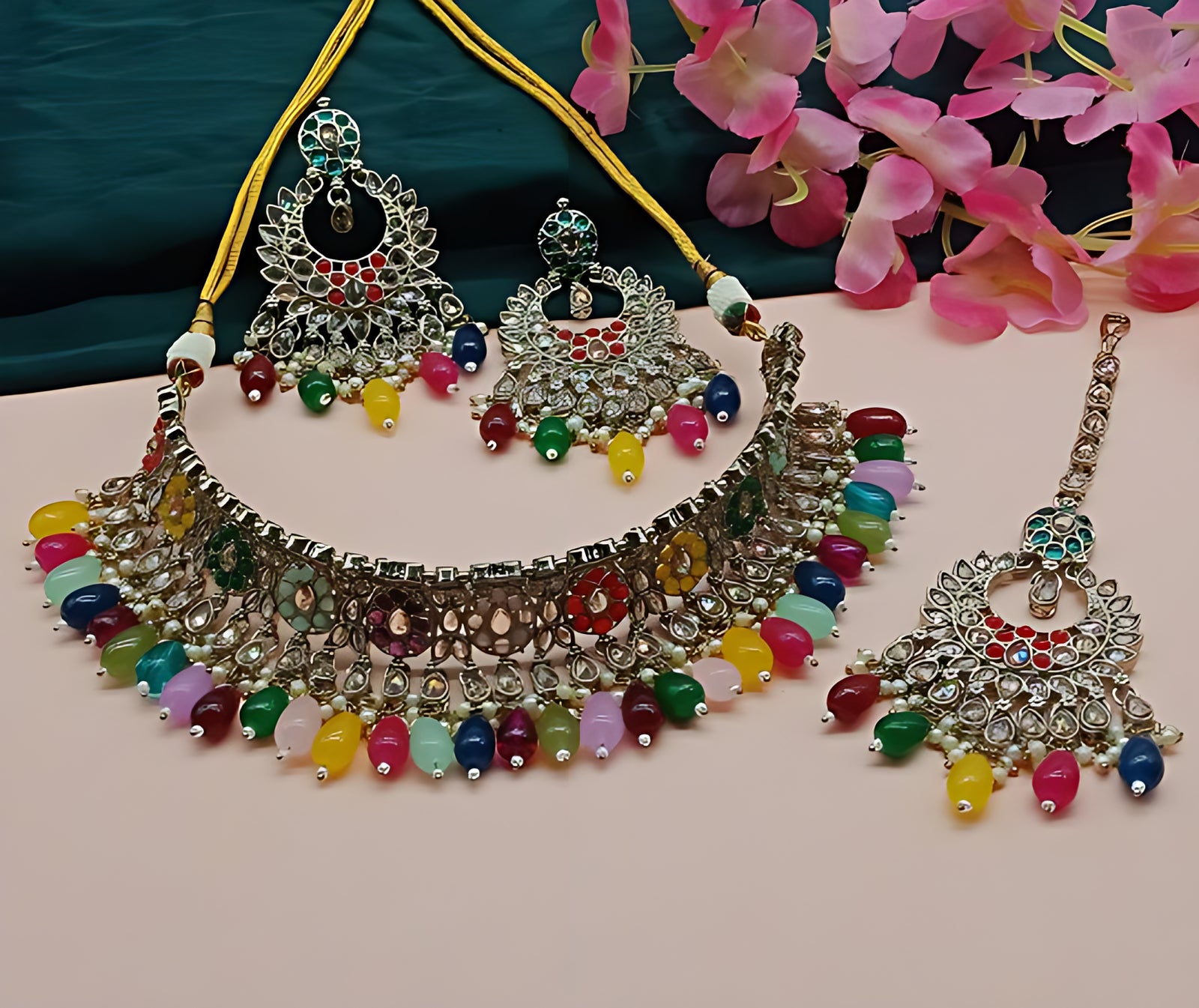 Luxurious Multicolor Kundan Choker Necklace Set, Earrings and Maang Tikka, Traditional Indian Wedding Jewelry (Set of 2)