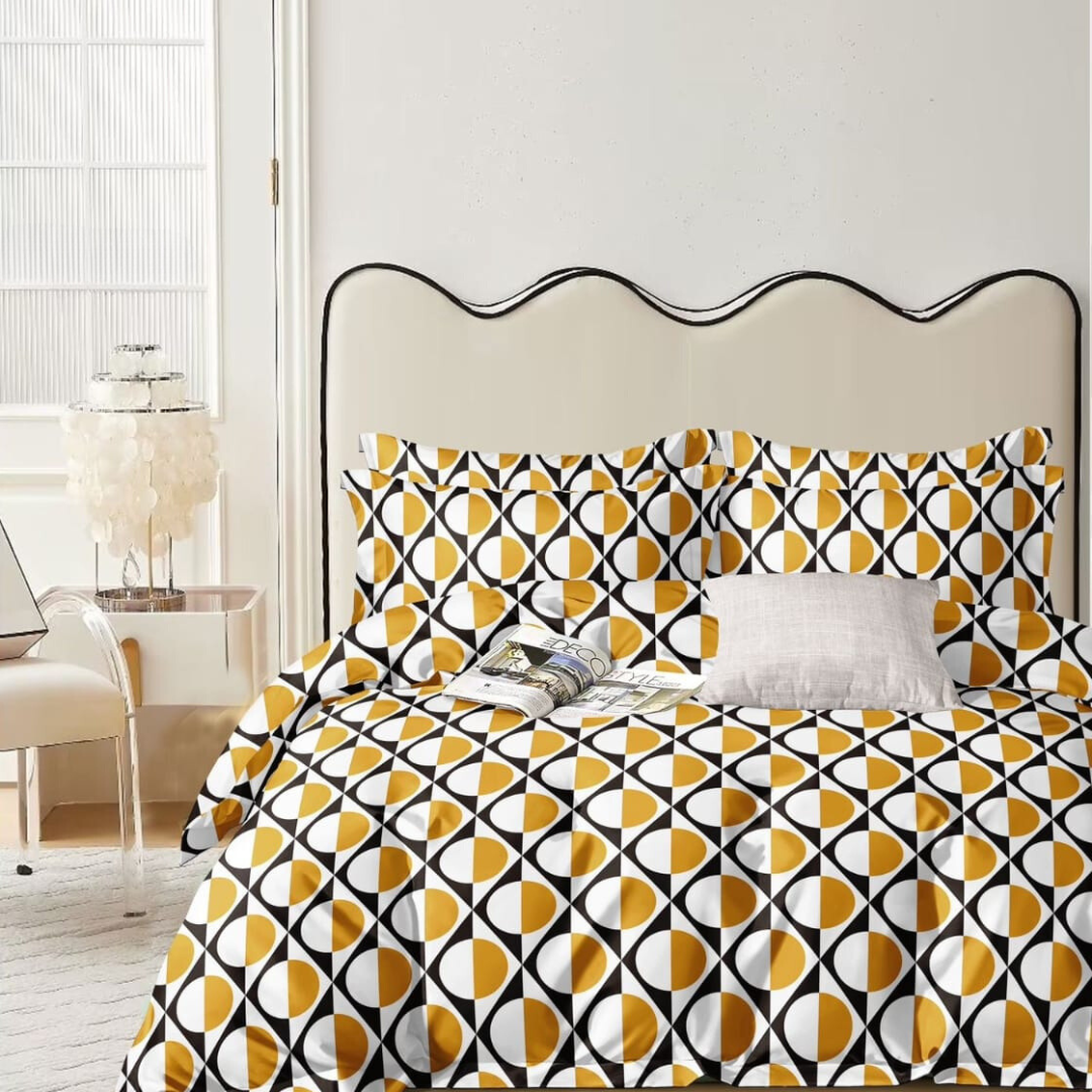 Yellow Geometric Queen Size Polyester Bed Sheet with 2 Pillow Covers | 3-Piece Fitted Bedding with Bold Block Pattern