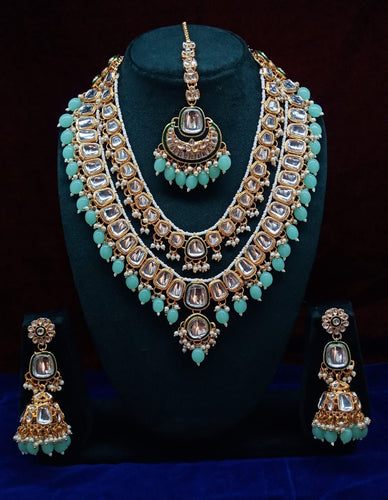 Opulent Kundan Bridal Jewelry Set, Double-Layer Necklace, Maang Tikka, and Jhumka Earrings, Traditional Indian Wedding Jewelry (Set of 2)