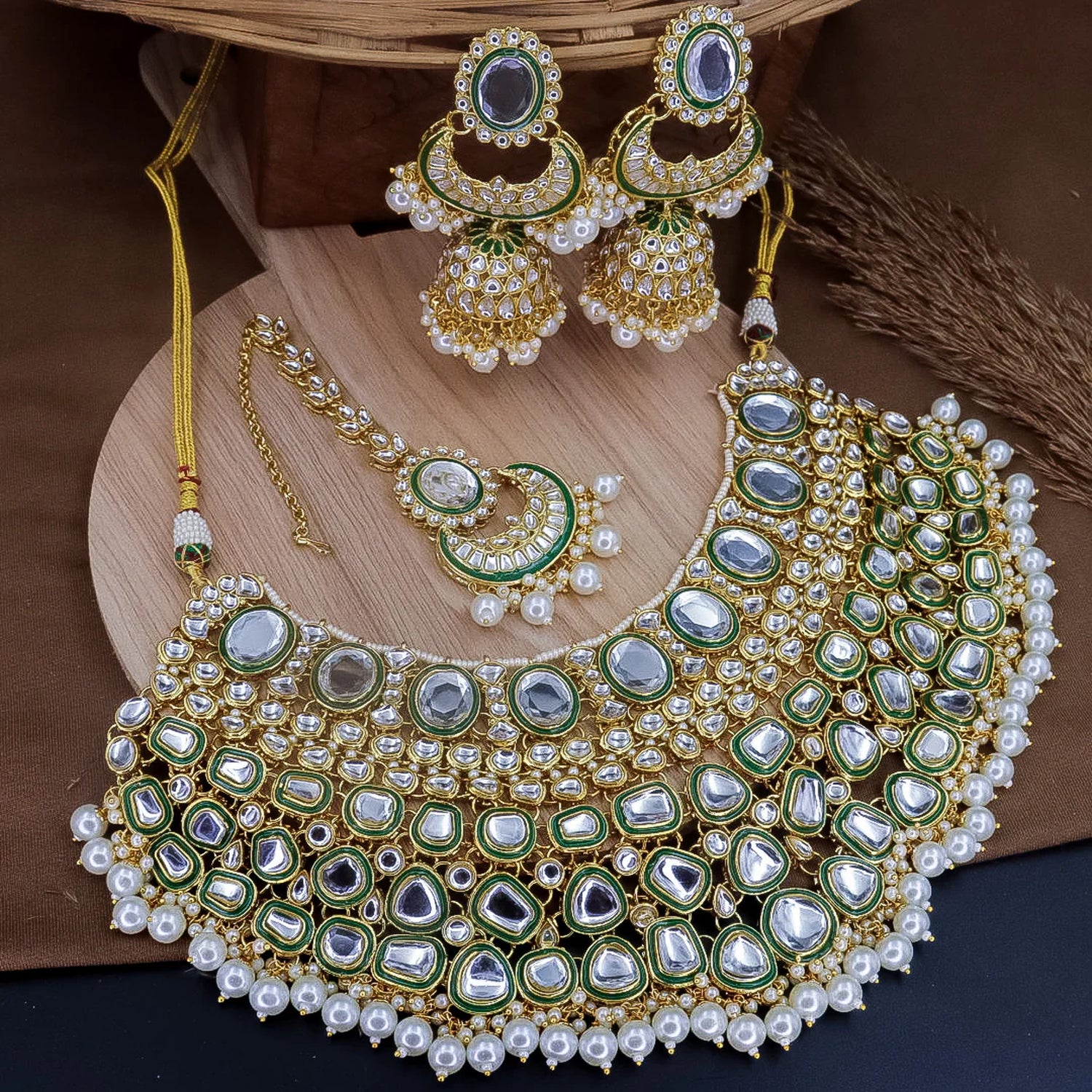 Exquisite Kundan Bridal Jewelry Set - Beautiful Indian Jewelry, Traditional Indian Wedding Jewelry (Set of 3)