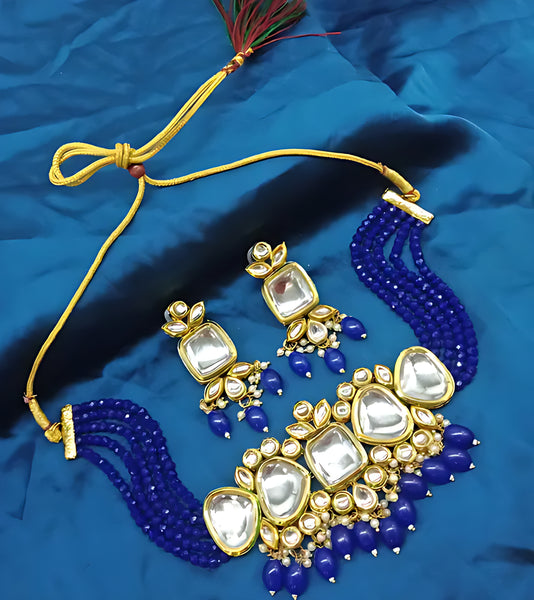 Kundan Blue Beaded Necklace Set - Traditional Multi-Strand Jewelry, Blue Beads and Mirror Work, Traditional Indian Wedding Jewelry (Set of 2)