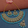 Elegant Turquoise and Gold Kundan Choker Necklace Set, Earrings and Maang Tikka, Traditional Indian Wedding Jewelry (Set of 2)