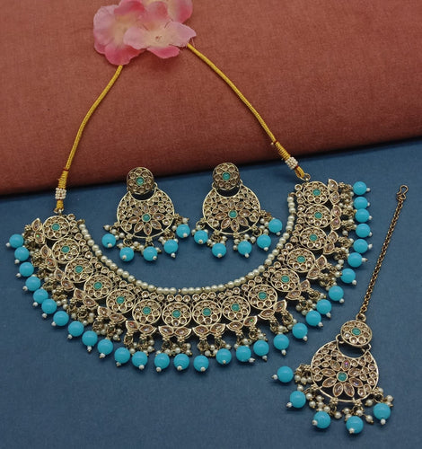 Elegant Turquoise and Gold Kundan Choker Necklace Set, Earrings and Maang Tikka, Traditional Indian Wedding Jewelry (Set of 2)