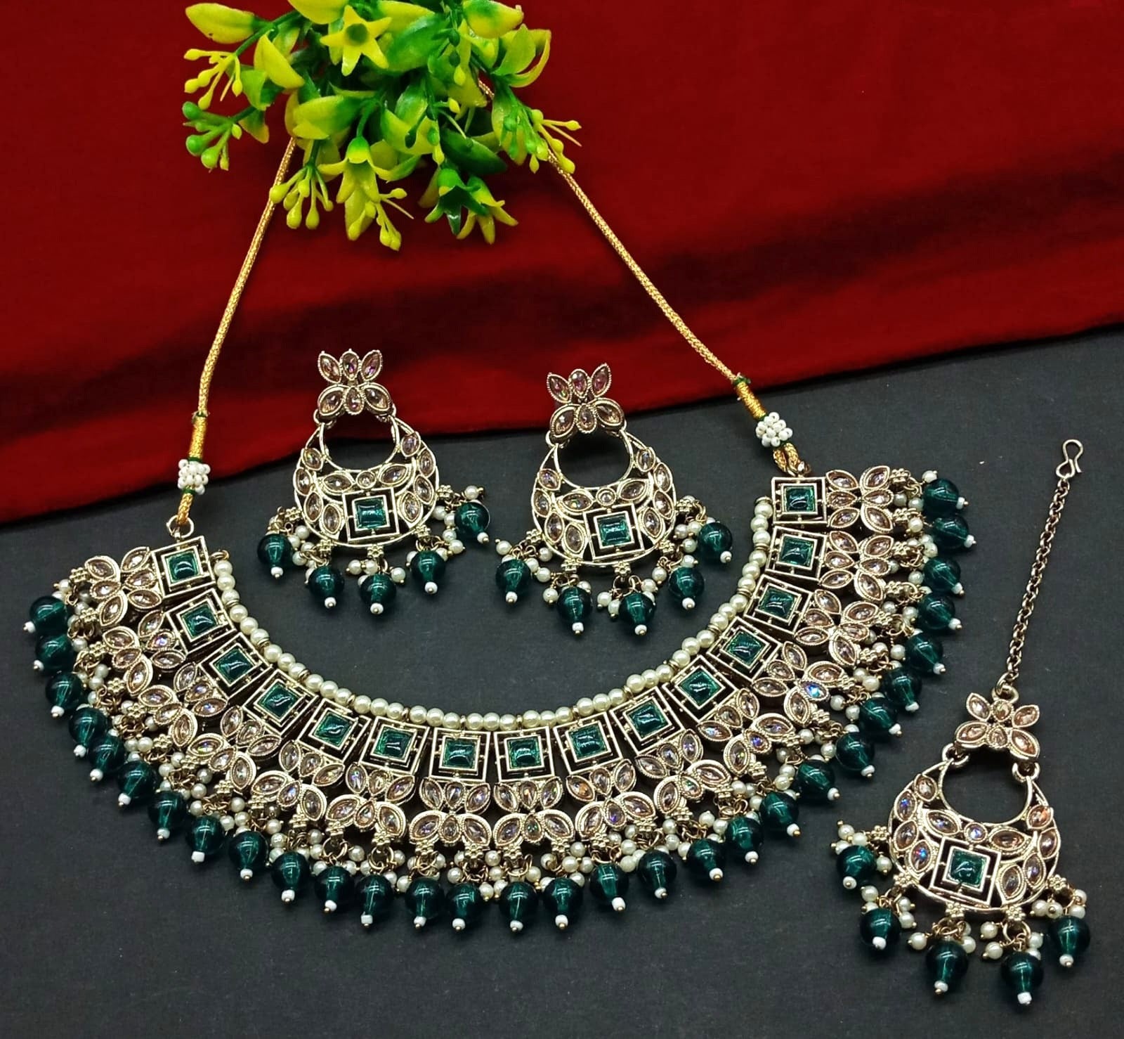 Exquisite Rama Green and Gold Kundan Jewelry Set, Pearl Accents, Traditional Indian Wedding Jewelry (Set of 2)