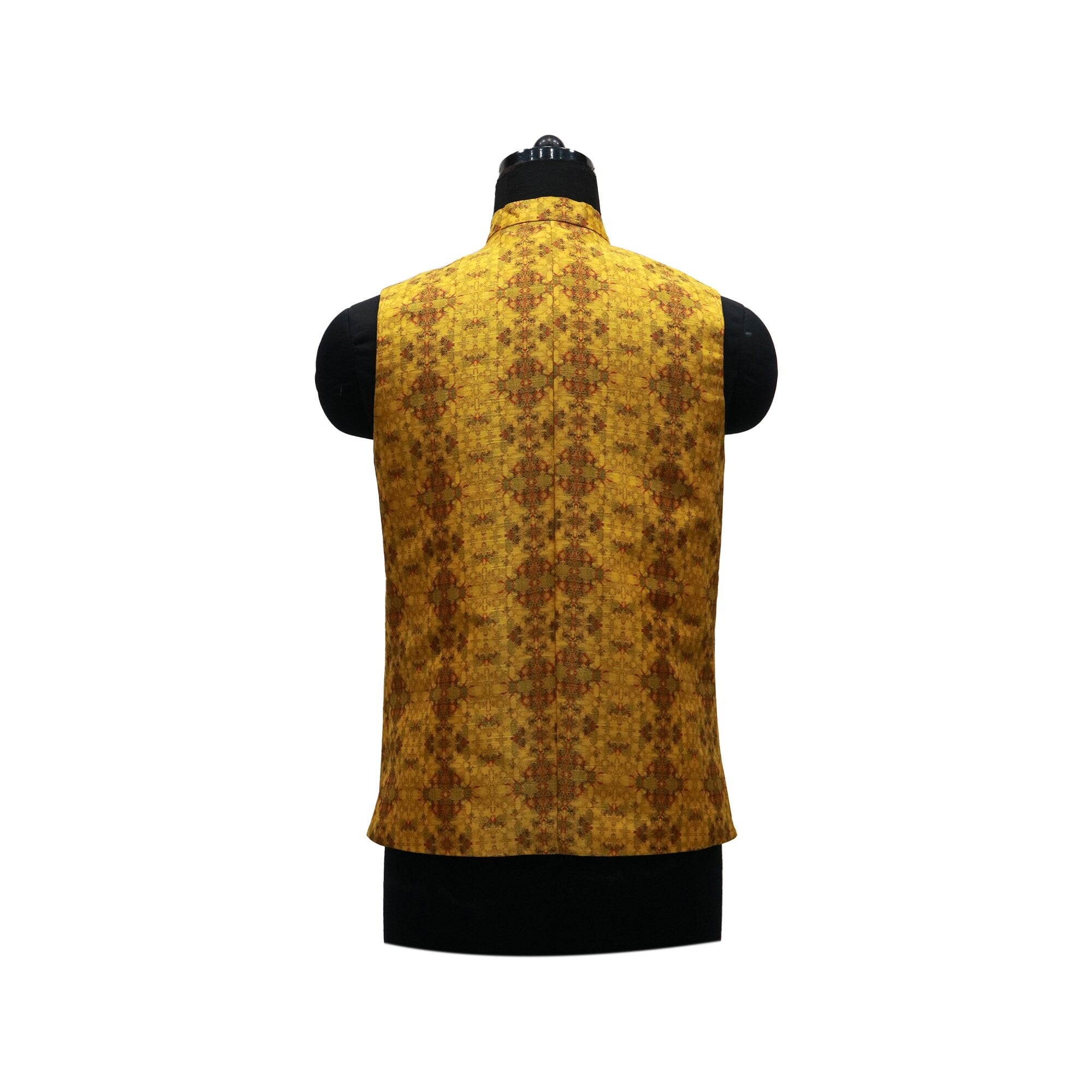 Handmade yellow floral Nehru jacket, back view. Perfect ethnic party wear or special occasion gift for him.