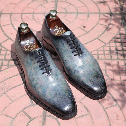 Eclipse Elegance: Grey Marble Patina, Goodyear Welted, Cushioned Footbed, Classic Style, Brogue Pattern, Hand-Finished Burnish, Handcrafted Detailing