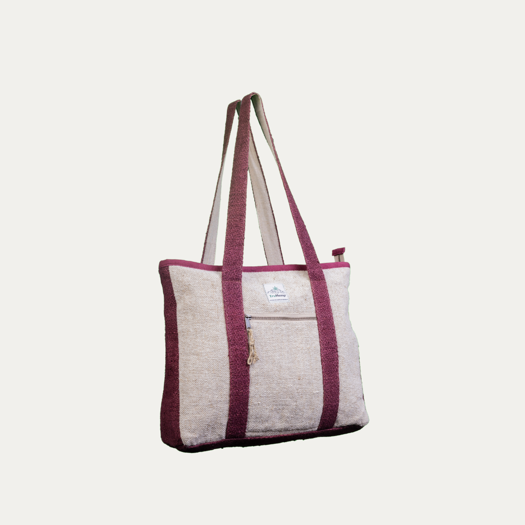 Eco-friendly hemp tote bag with burgundy accents and zippered pocket, perfect for corporate use.