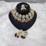 Elegant Kundan Pearl Necklace Set, Maroon Drops and Matching Tikka, Traditional Indian Wedding Jewelry (Set of 2)