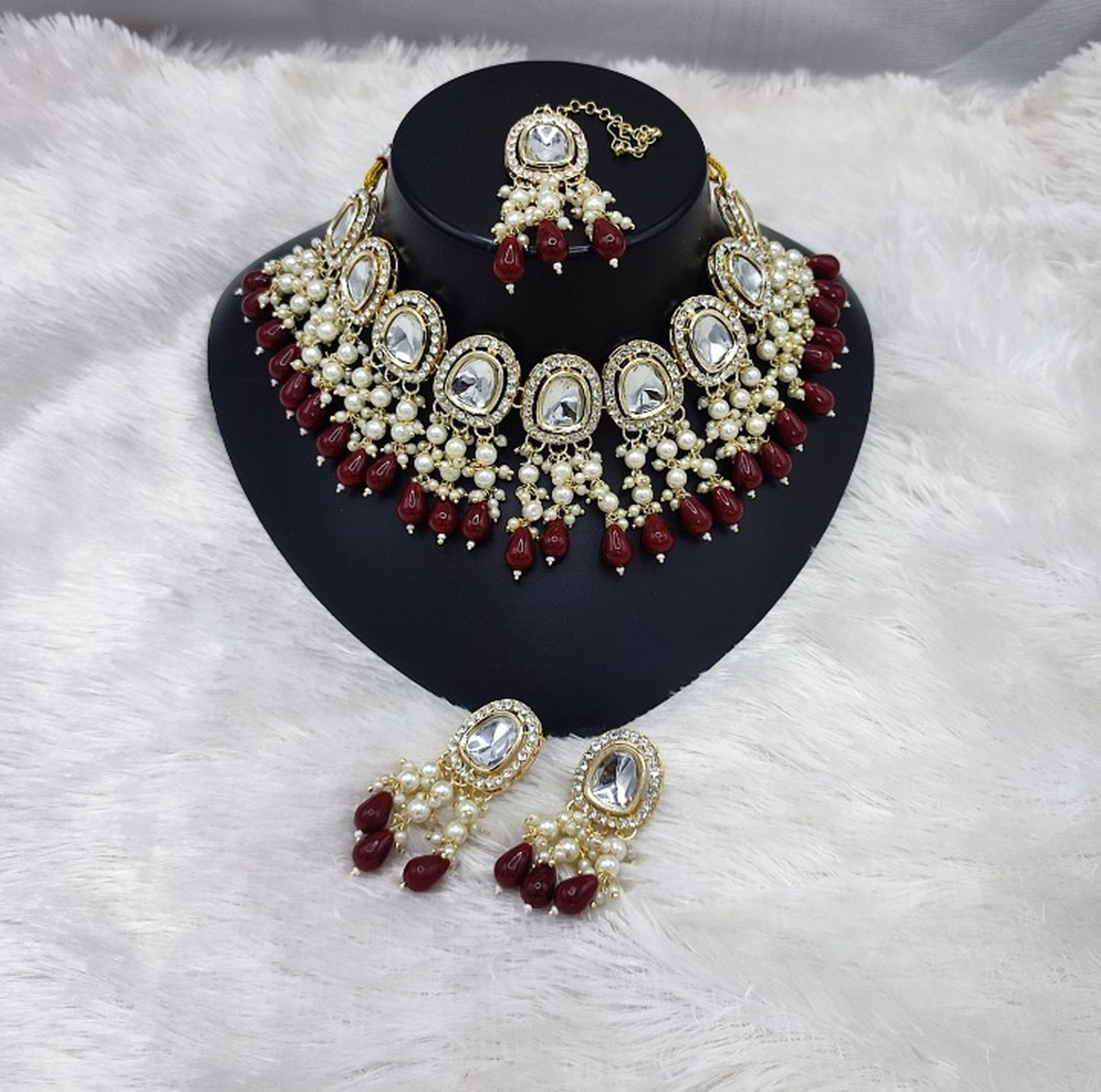 Elegant Kundan Pearl Necklace Set, Maroon Drops and Matching Tikka, Traditional Indian Wedding Jewelry (Set of 2)