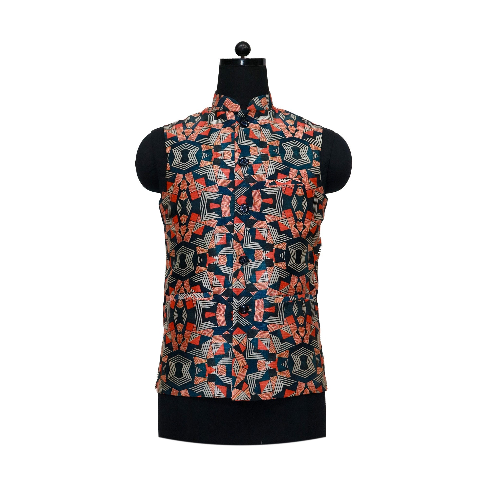 Handmade men's Nehru jacket with a colorful geometric print, displayed on a mannequin. Perfect for parties or ethnic events.