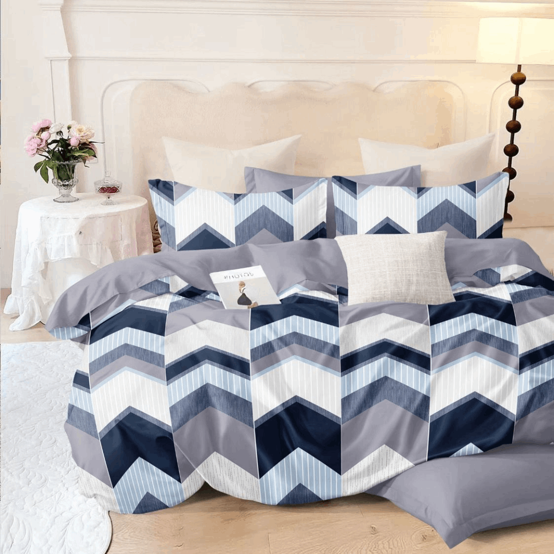 Blue Abstract Polyester Bed Sheet with 2 Pillow Covers | Wrinkle-Resistant Queen Size Bedding with Fitted Design