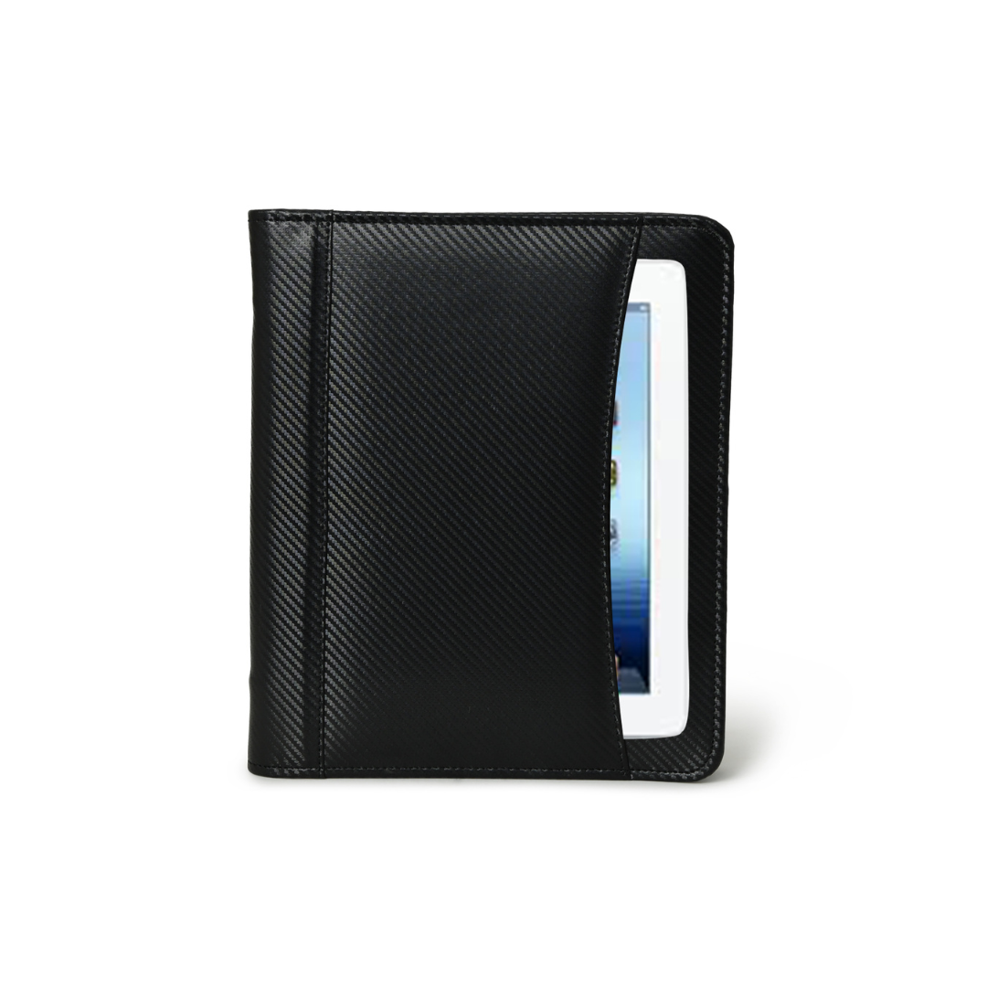 Black top grain leather business portfolio with a tablet sleeve, perfect for organizing documents and staying connected.