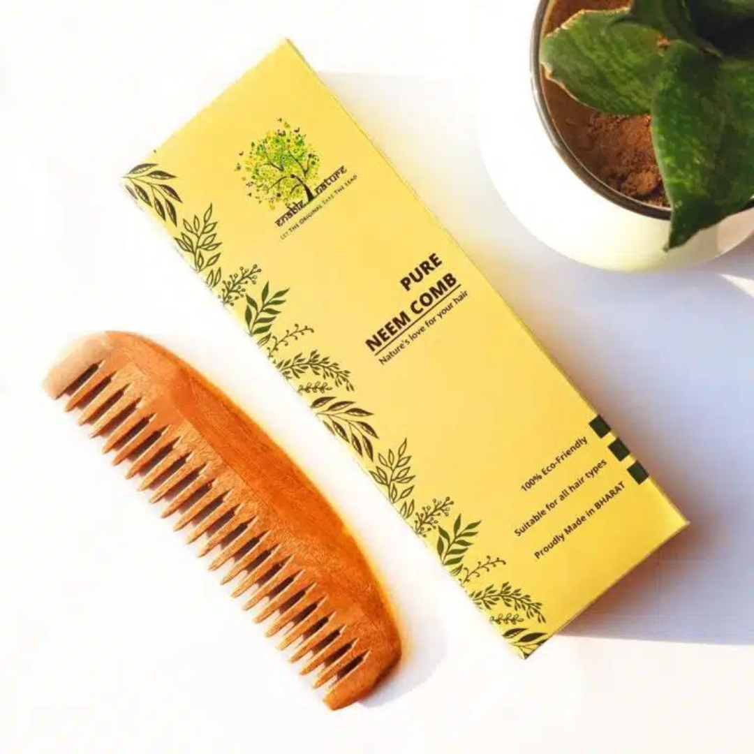 Enable Nature Curvy Neem Comb for detangling hair. This eco-friendly, handcrafted wooden comb is suitable for all hair types.