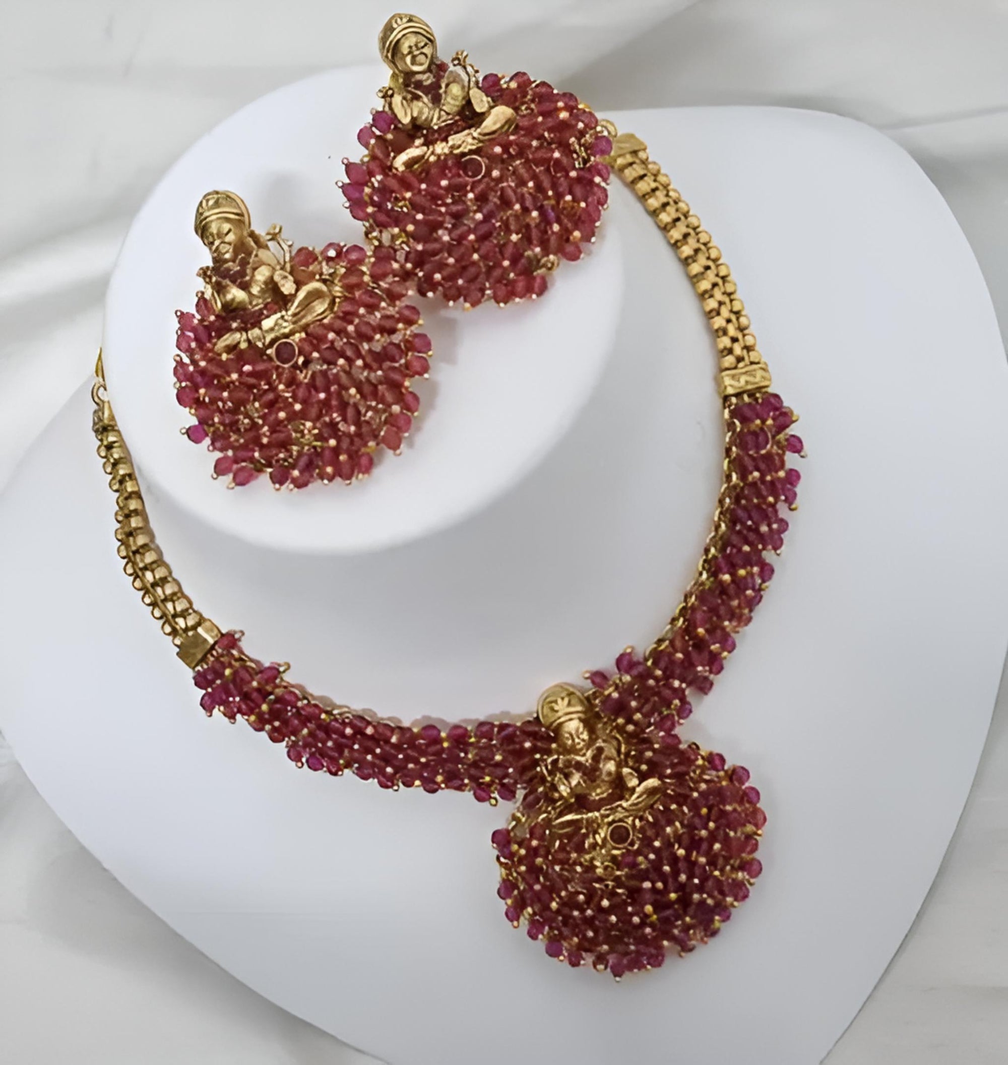 Traditional Gold-Plated Lakshmi Necklace Set, Red Beads and Matching Earrings, Traditional Indian Wedding Jewelry (Set of 2)