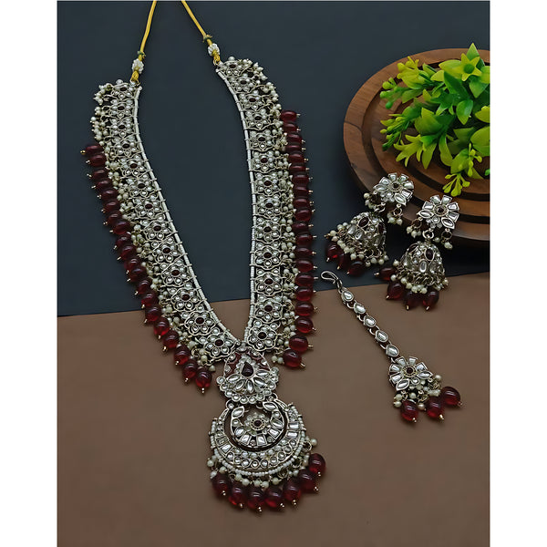 Long Necklace Set, Maroon Beads - Traditional Indian Wedding Jewelry  Earrings & Tikka, Traditional Indian Wedding Jewelry (Set of 2)