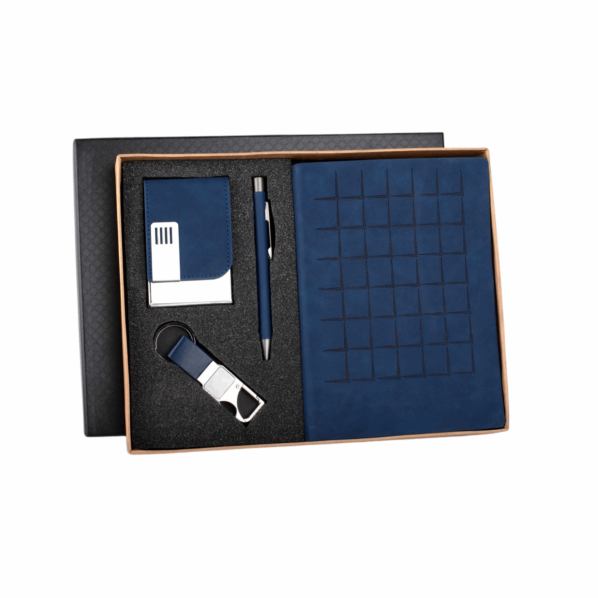 Boxed Corporate Gift Set with A5 Journal Notebook, Premium Metal Pen, Card Holder & Metal Keychain | 4-in-1 Personalized Gift Set for Executives, Travelers & Special Occasions (Blue, 192 Pages)