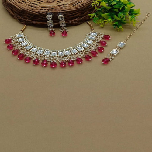 Elegant Kundan Choker, Garnet Drops and Matching Earrings & Tikka, Traditional Indian Wedding Jewelry (Set of 2)