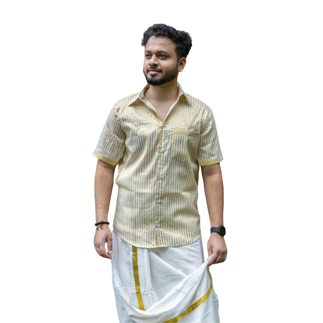 Kerala Striped Kasavu Cotton Shirt, Half Sleeve, Traditional Men's Shirt, Comfortable Cotton Shirt with Striped Design (Size 40, Kasavu)