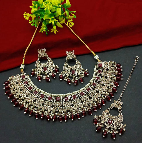 Exquisite Maroon and Gold Kundan Jewelry Set, Pearl Accents, Traditional Indian Wedding Jewelry (Set of 2)