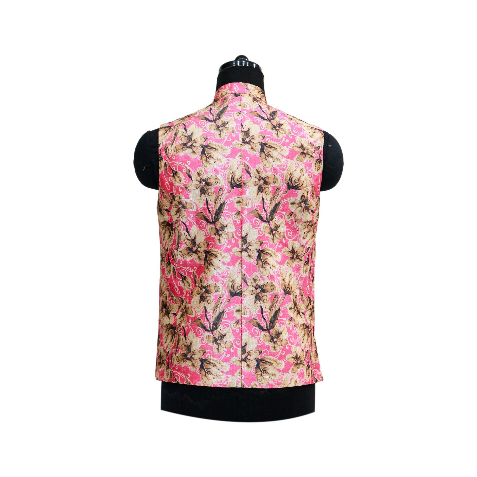 Pink floral men's Nehru jacket, back view. Handmade vintage-style ethnic wear, perfect for parties or as a luxurious gift.