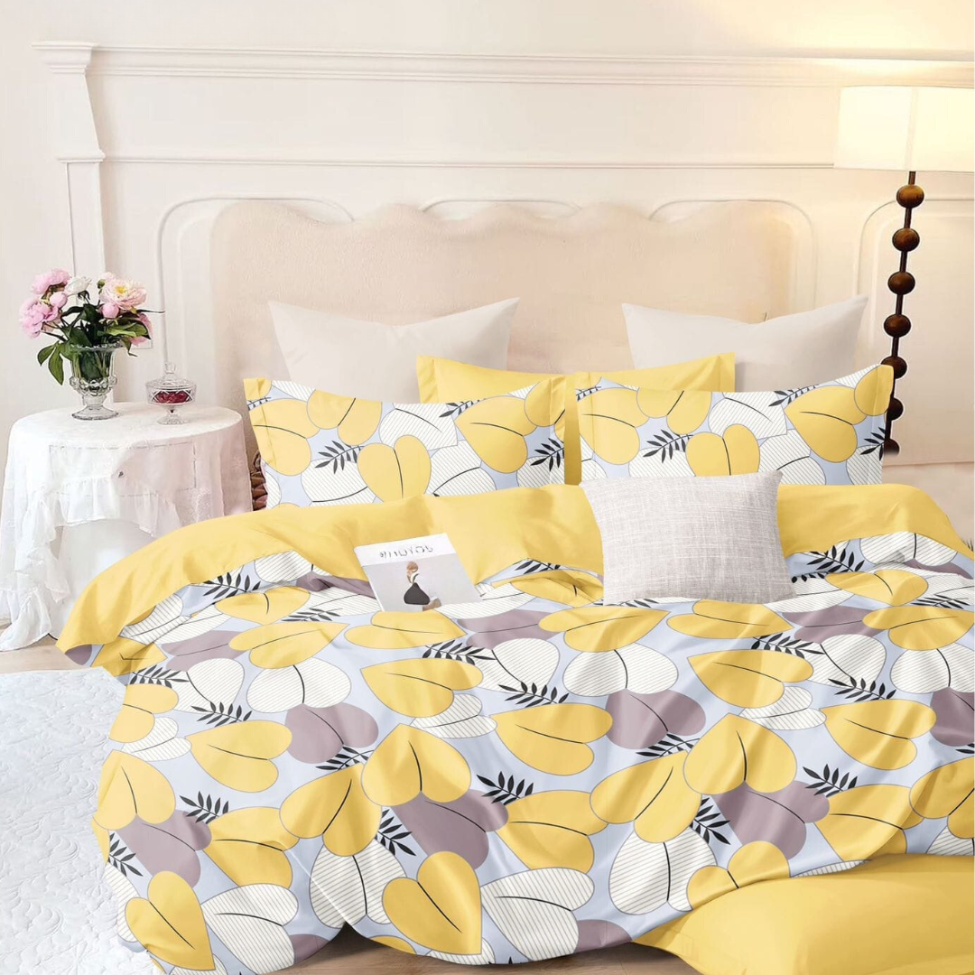 Floral Queen Size Polyester Bed Sheet with 2 Pillow Covers | Wrinkle-Resistant Fitted Bedding Set | Yellow