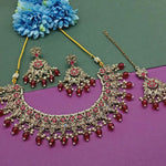 Elegant Rani Color and Gold Indian Bridal Jewelry Set, Kundan and Beads, Traditional Indian Wedding Jewelry (Set of 2)