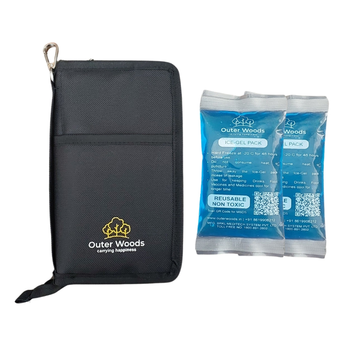 Outer Woods Nylon Insulin Cooling Wallet For Diabetics With Two Free Ice Gel Packs - Black | Insulin Travel Pouch | Insulin Cooling Case