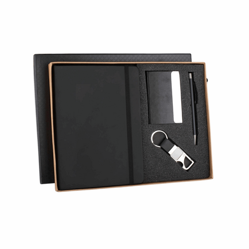 Charm Corporate Gift Set with A5 Journal Notebook, Premium Metal Pen, Card Holder & Metal Keychain |  4-in-1 Customizable Gift Set for Executives, Travelers & Special Occasions (Black, 192 Pages)