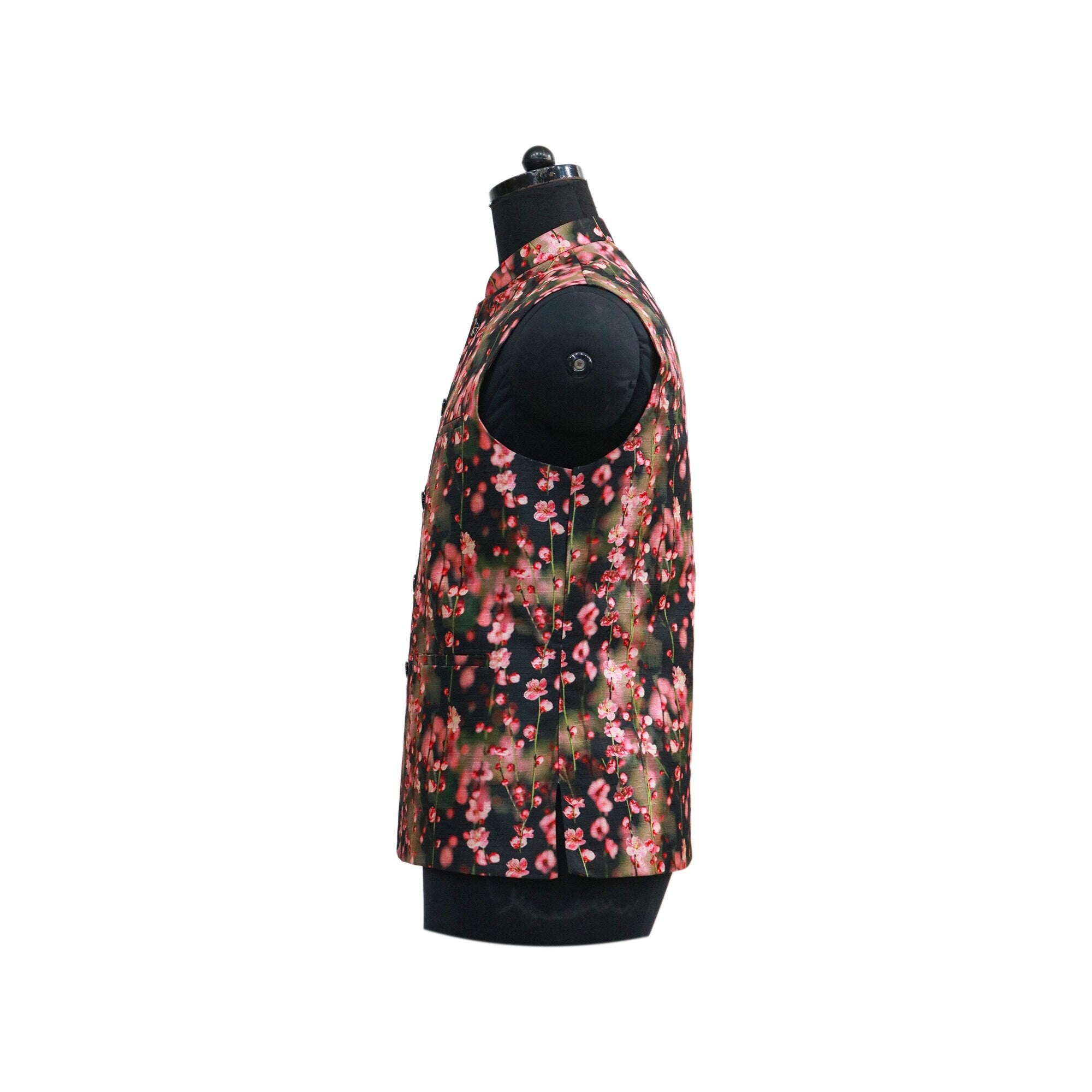 Black Nehru jacket with pink floral print, shown on a mannequin in a side view.